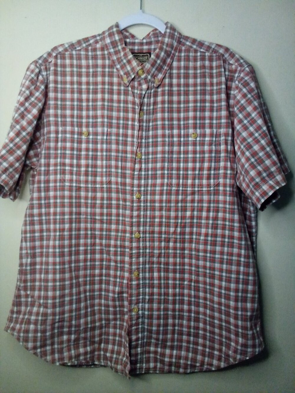 Schmidt Workwear Shirt Men L Button Down Short Sleeve Plaid Red Gray